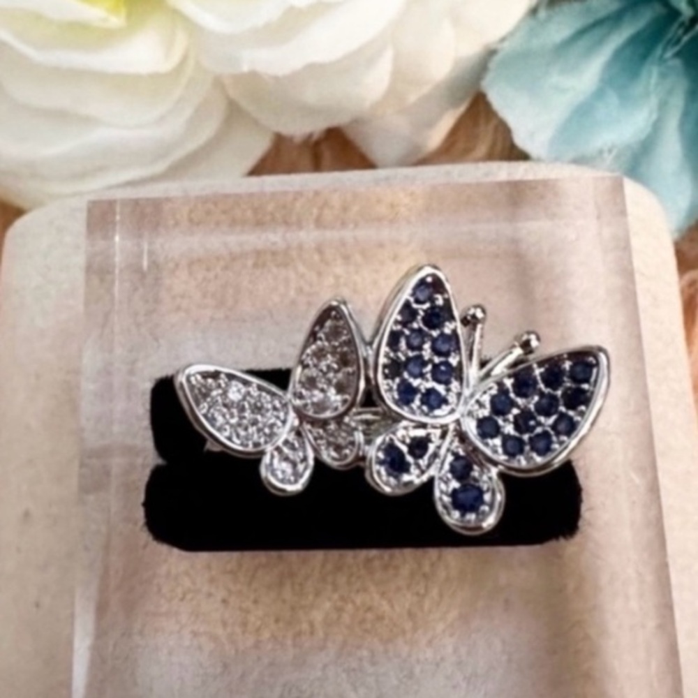 Butterfly Ring with Blue Gemstones and White Diamonds and Silver Setting NEW!